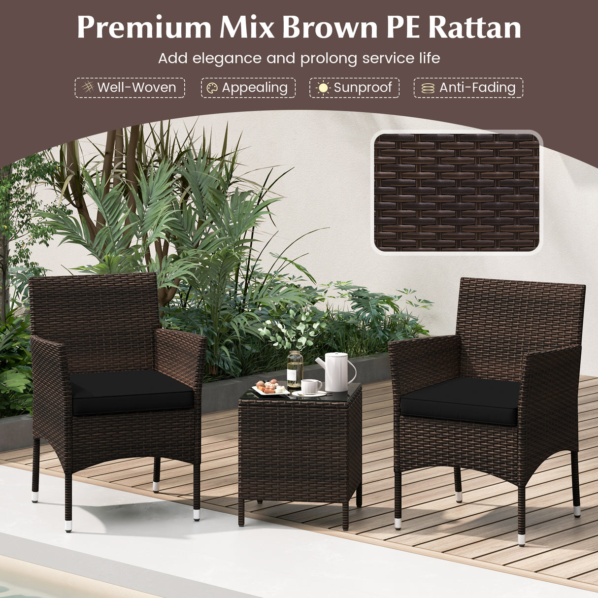 3 Pieces Outdoor Conversation Set with Cushioned Seat and Glass Tabletop-Black