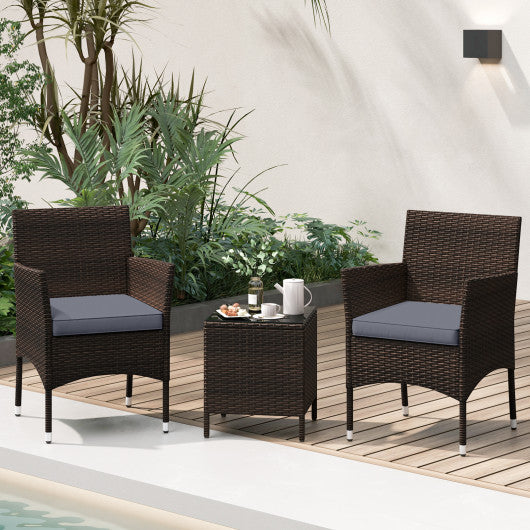 3 Pieces Outdoor Conversation Set with Cushioned Seat and Glass Tabletop-Gray