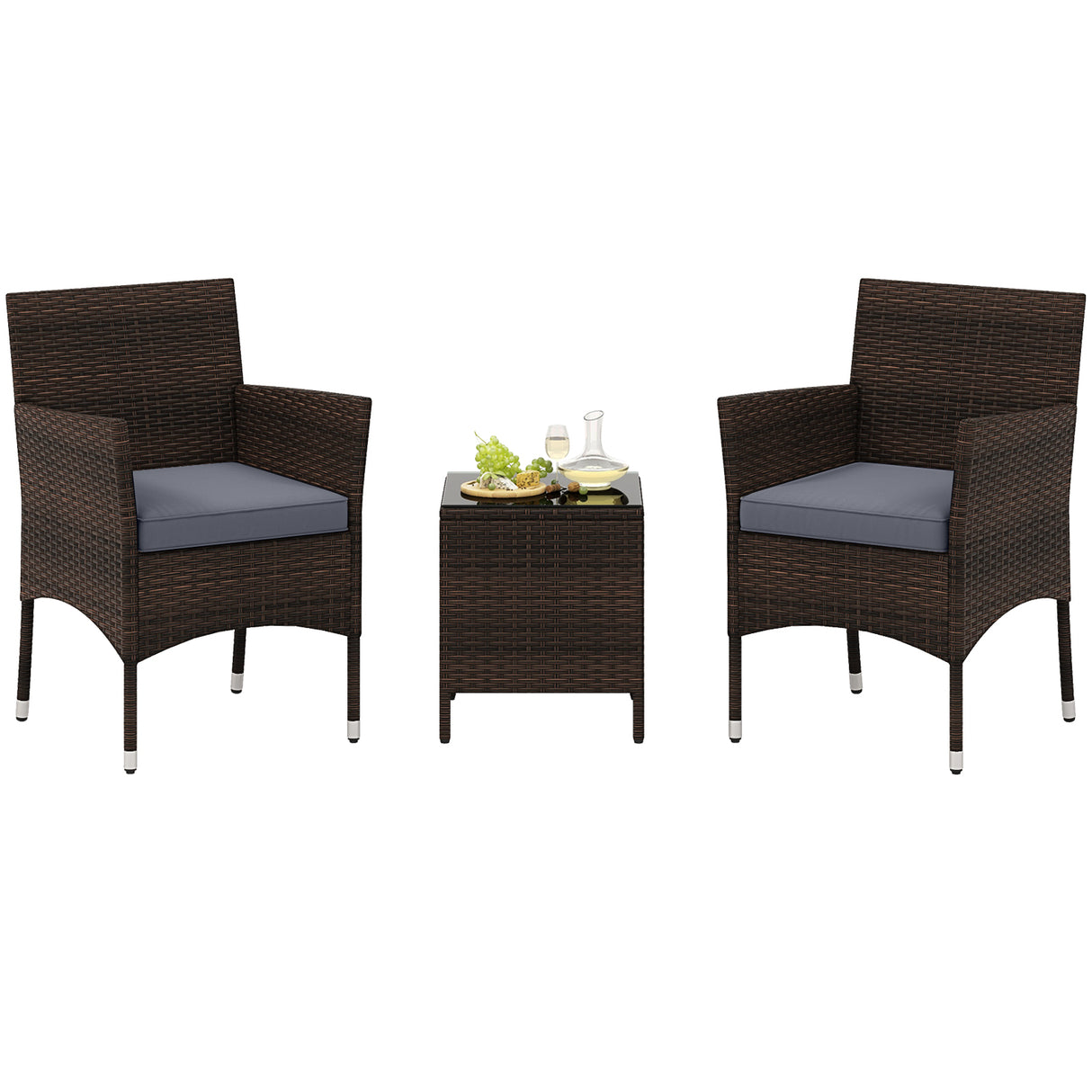 3 Pieces Outdoor Conversation Set with Cushioned Seat and Glass Tabletop-Gray