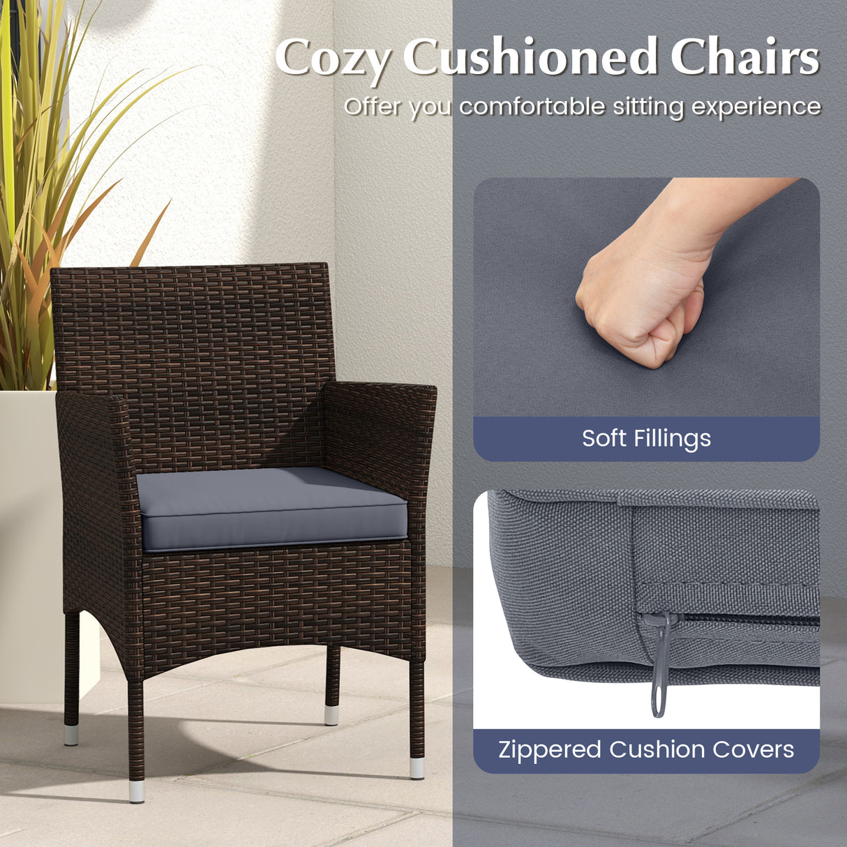 3 Pieces Outdoor Conversation Set with Cushioned Seat and Glass Tabletop-Gray