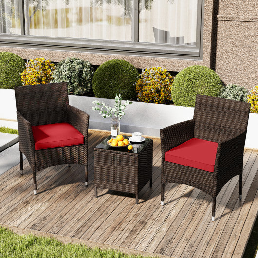 3 Pieces Outdoor Conversation Set with Cushioned Seat and Glass Tabletop-Red