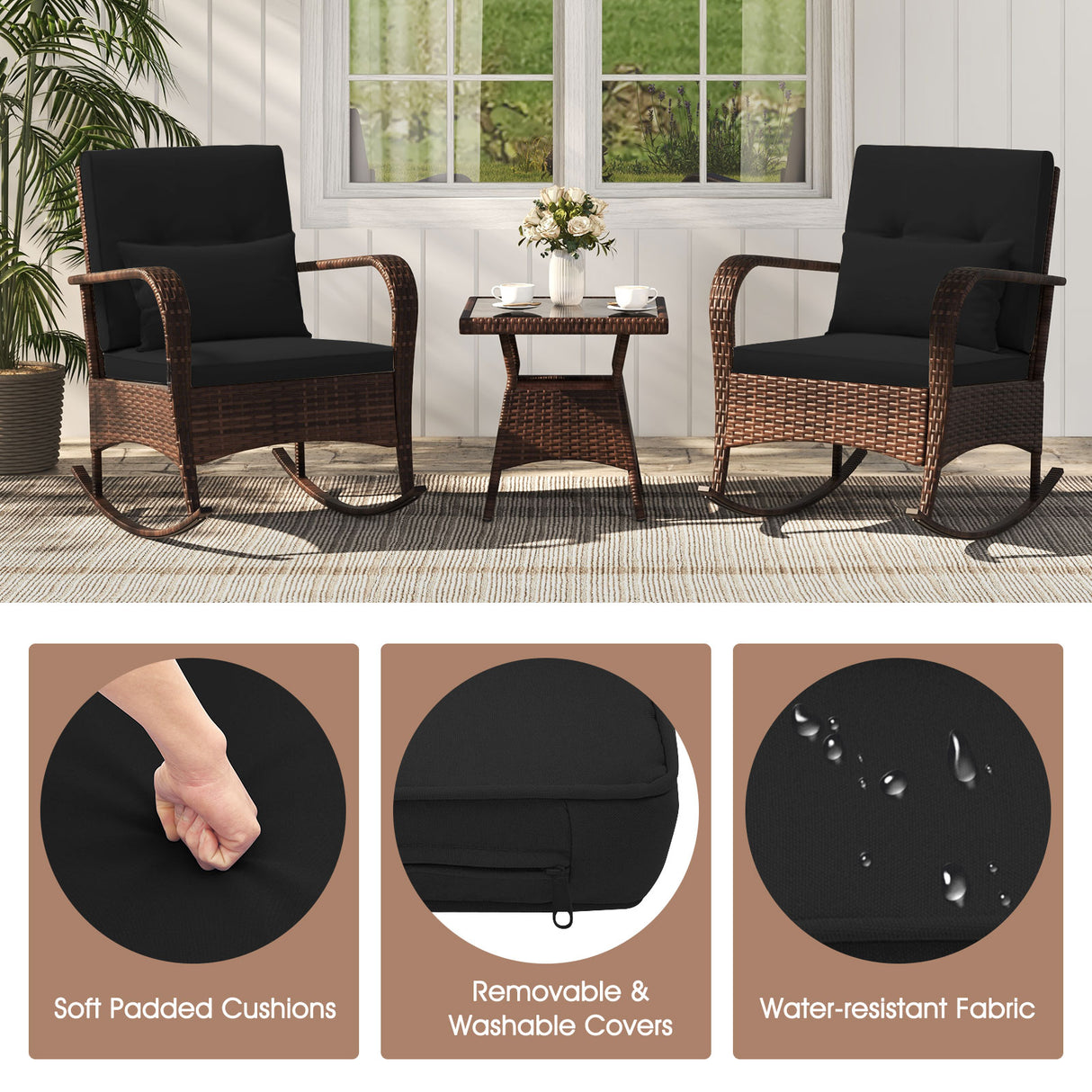 3 Pieces Outdoor Rocking Set with Tempered Glass Coffee Table for Backyard Poolside-Black