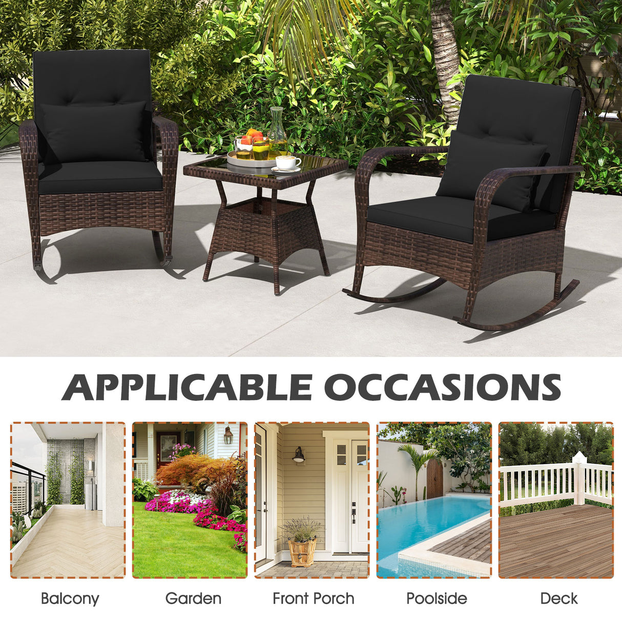 3 Pieces Outdoor Rocking Set with Tempered Glass Coffee Table for Backyard Poolside-Black