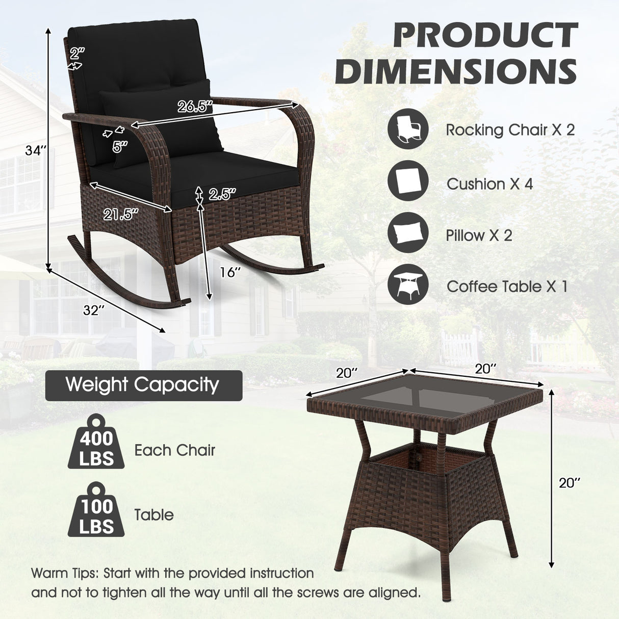 3 Pieces Outdoor Rocking Set with Tempered Glass Coffee Table for Backyard Poolside-Black