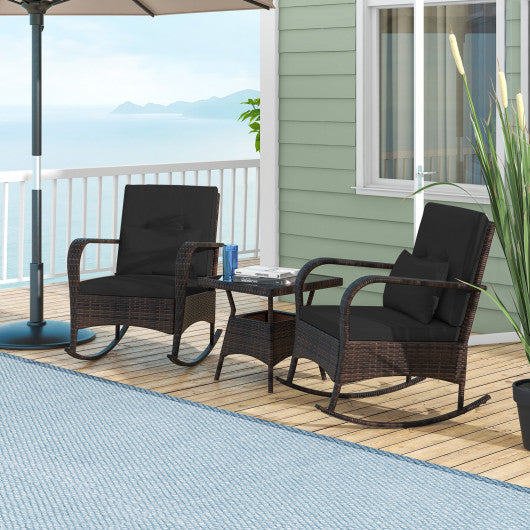 3 Pieces Outdoor Rocking Set with Tempered Glass Coffee Table for Backyard Poolside-Black
