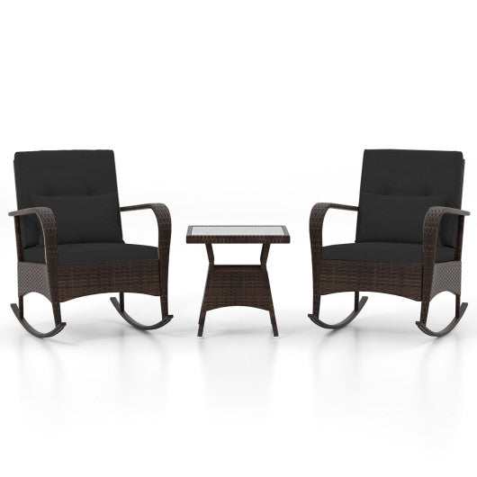 3 Pieces Outdoor Rocking Set with Tempered Glass Coffee Table for Backyard Poolside-Black