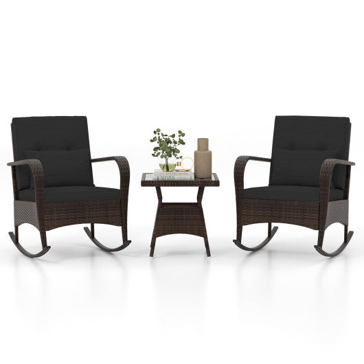 3 Pieces Outdoor Rocking Set with Tempered Glass Coffee Table for Backyard Poolside-Black