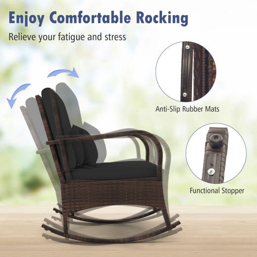 3 Pieces Outdoor Rocking Set with Tempered Glass Coffee Table for Backyard Poolside-Black