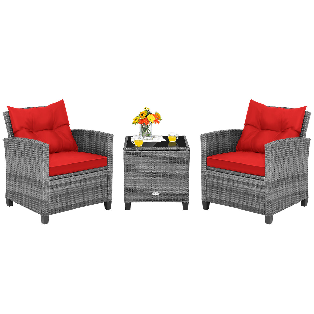 3 Pieces Outdoor Wicker Conversation Set with Tempered Glass Tabletop-Red