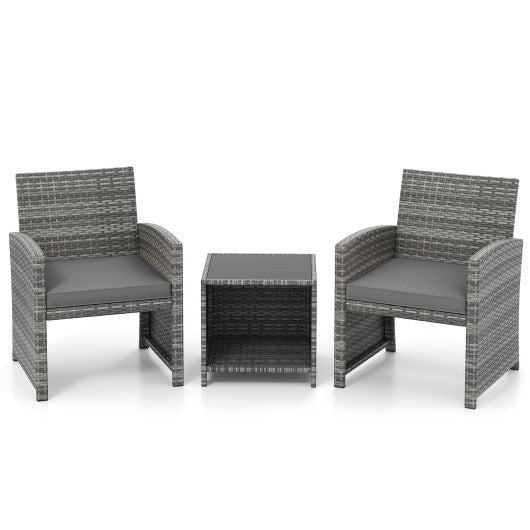 3 Pieces Patio Furniture Set with Tempered Glass Coffee Table and Soft Seat Cushions-Gray