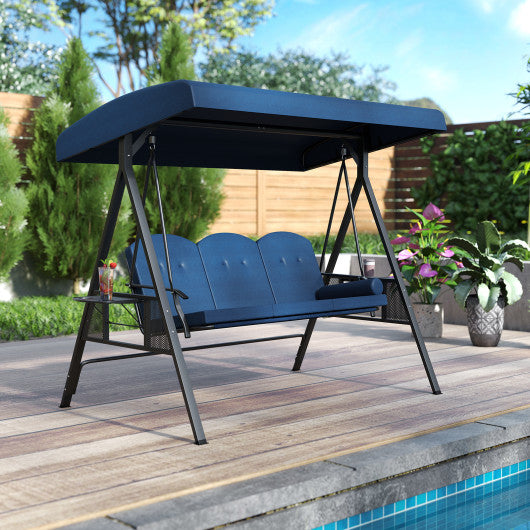 3-Seat Patio Swing Chair Porch Swing with Adjustable Canopy Thickened Cushions Pillow and Foldable Side Trays-Navy