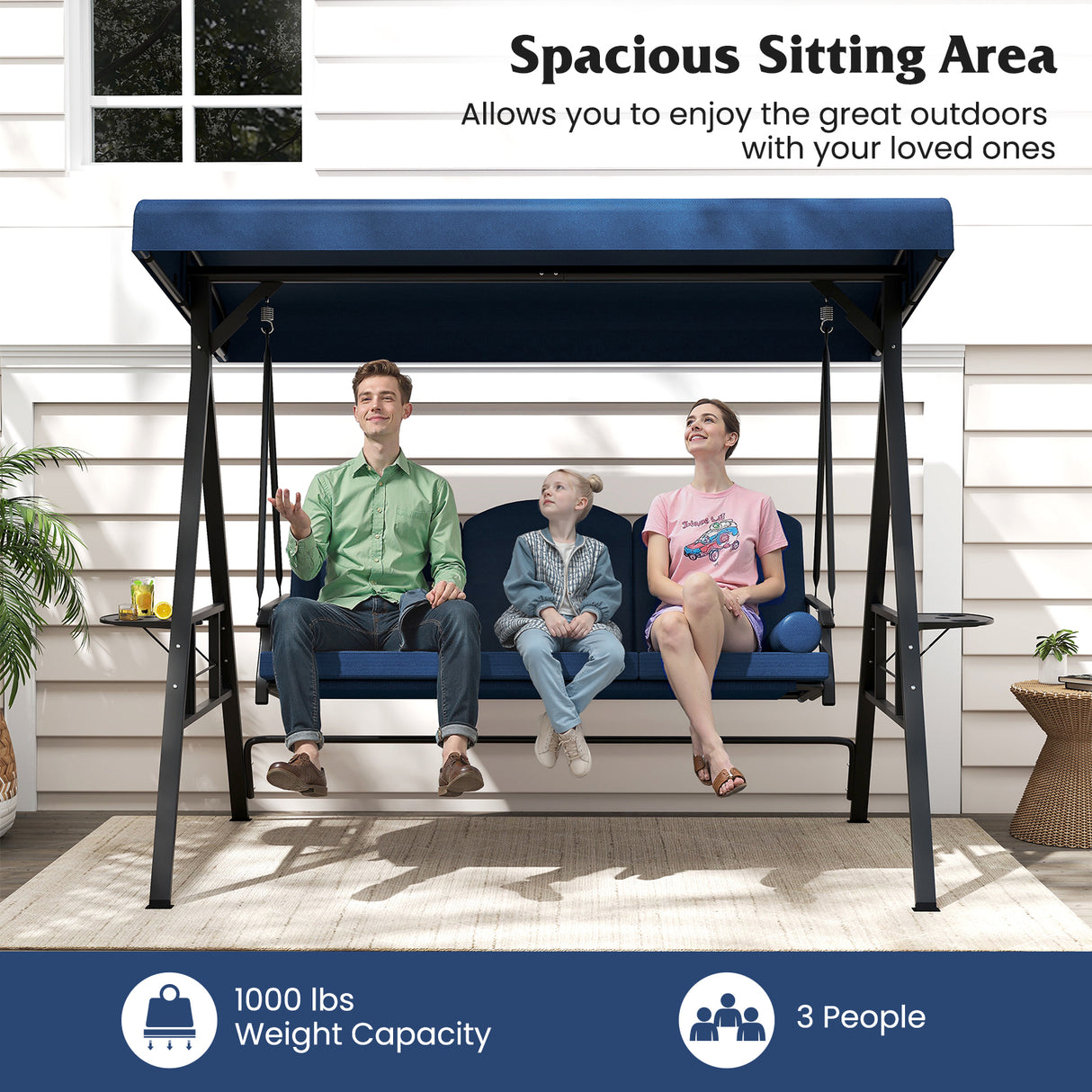3-Seat Patio Swing Chair Porch Swing with Adjustable Canopy Thickened Cushions Pillow and Foldable Side Trays-Navy