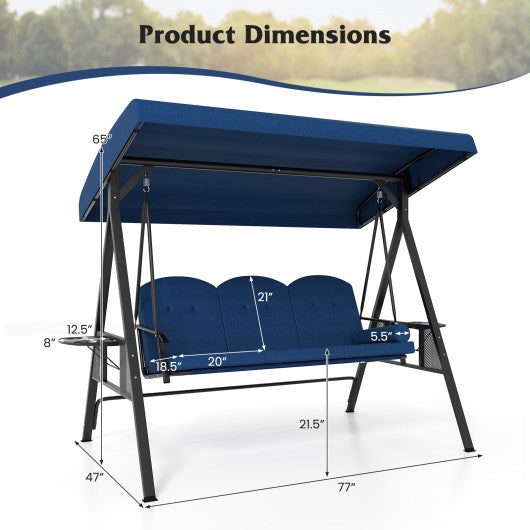 3-Seat Patio Swing Chair Porch Swing with Adjustable Canopy Thickened Cushions Pillow and Foldable Side Trays-Navy