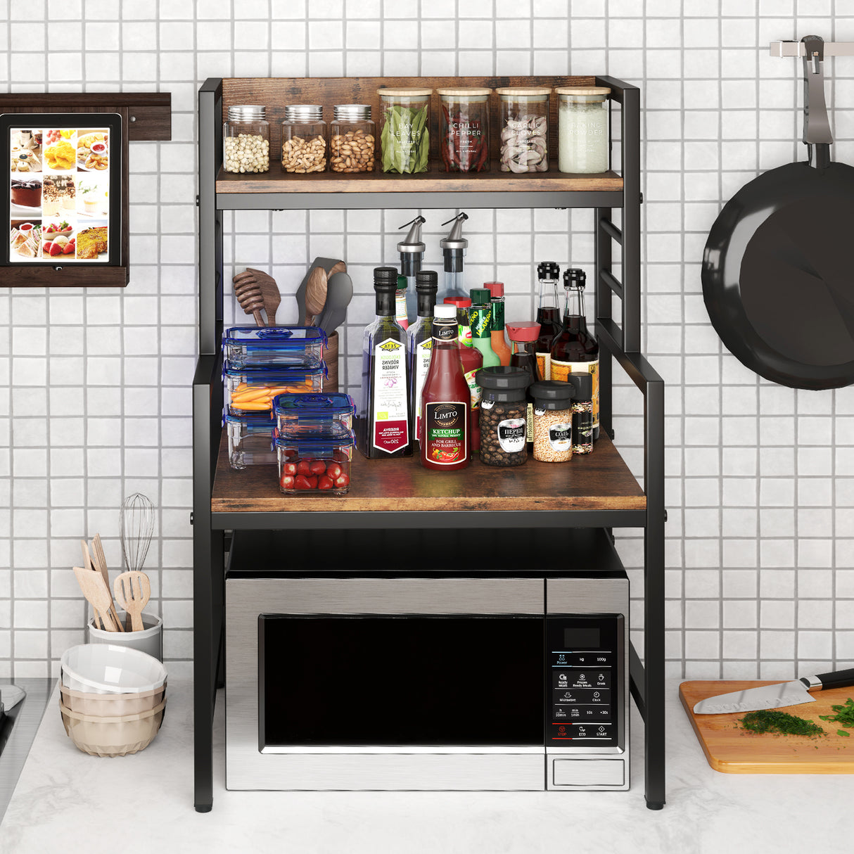3-Tier Microwave Stand with 2 Open Shelves and Heavy-duty Metal Frame-Rustic Brown