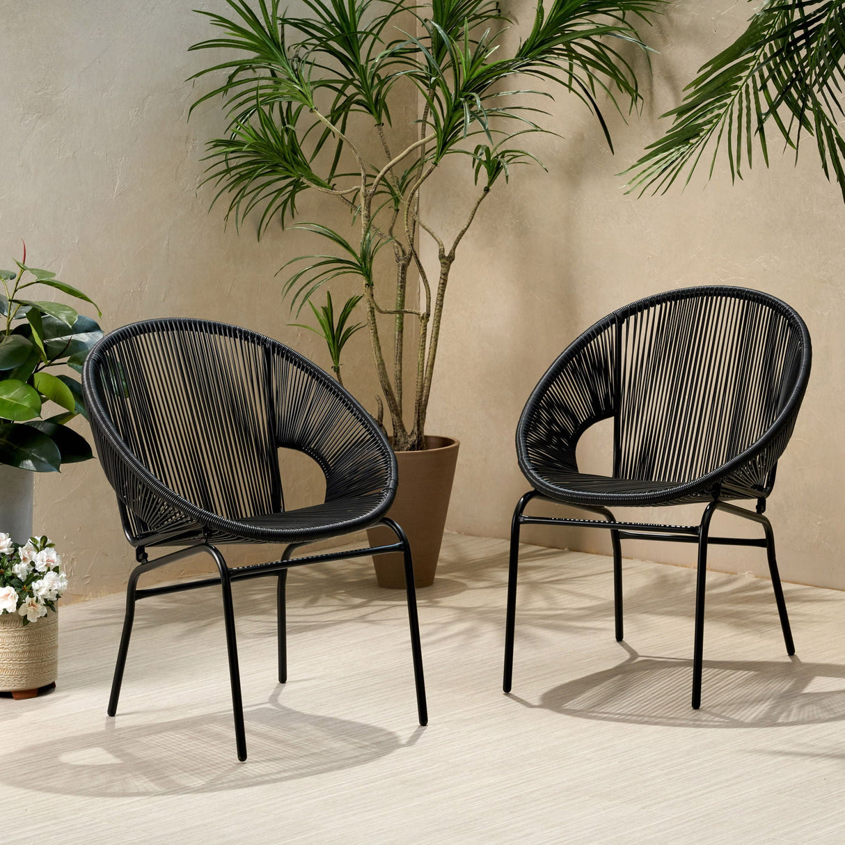 Outdoor Faux Rattan / Iron Metal Club Chair (Set of 2) - Black by Couch.com