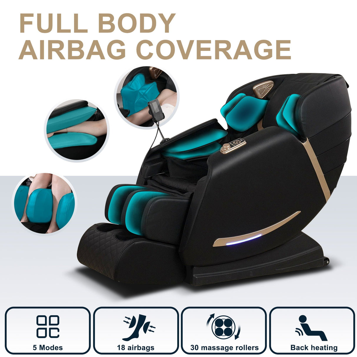 Full Body Massage Chair With Zero Gravity Recliner, With Two Control Panel: Smart Large Screen & Rotary Switch, Spot Kneading And Heating - Black by Couch.com