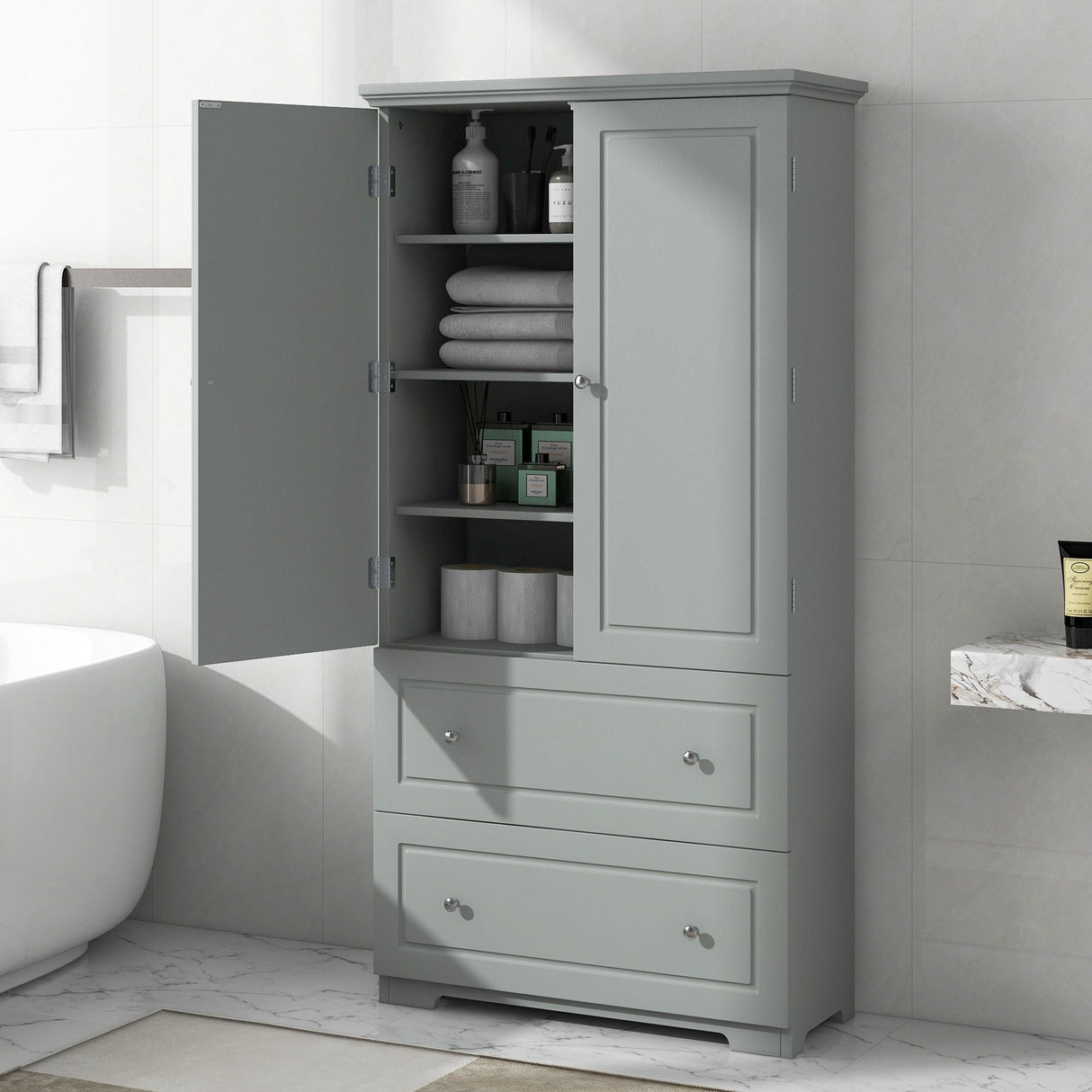 Wide Bathroom Storage Cabinet, Freestanding Storage Cabinet With Two Drawers And Adjustable Shelf, MDF Board With Painted Finish - Gray by Couch.com