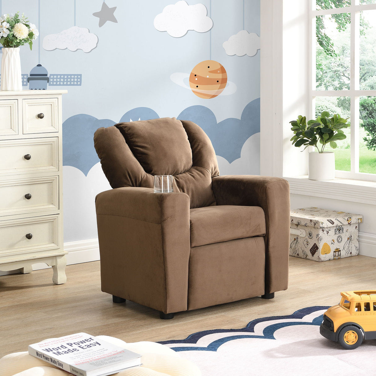 Kids Recliner Chair, Kids Upholstered Couch With One Cup Holder, Toddlers Recliner With Headrest And Footrest - Brown by Couch.com