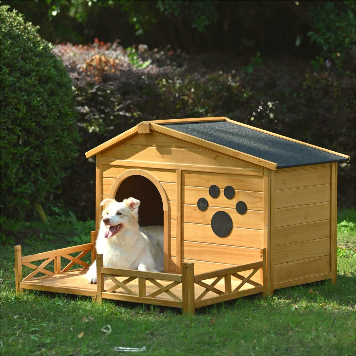 Wooden Dog House Outdoor With Porch, Dog Kennel With Water Resistant Asphalt Roof And Fencing, Indoor & Outdoor Dog Crate With Paw Print, Medium - Nature by Couch.com