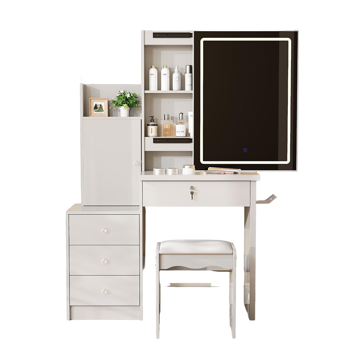 White Vanity Desk Set with Sliding Lighted Mirror, 4-Drawer Makeup Dressing Table with 9 Storage Spaces, Hidden Compartments & Cushioned Stool, MDF Beauty Furniture for Bedroom