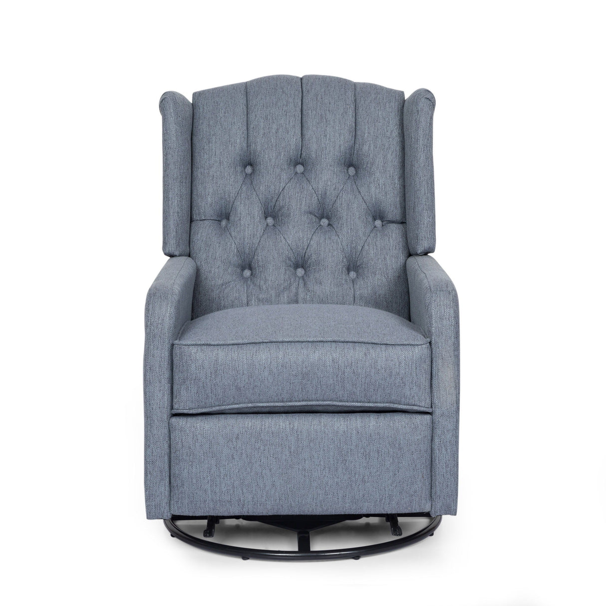 The Classic Design Manual Recliner Chair features a blue fabric with subtle textured pattern, button-tufted backrest, winged sides, and plush seat cushion. It has a 360-degree swivel base.