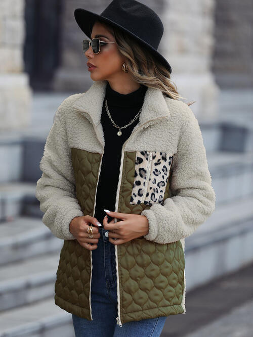 Unique Autumn Leopard Color Block Zip-Up Jacket Trendy Lightweight Jacket with Pockets Charming Winter Jacket