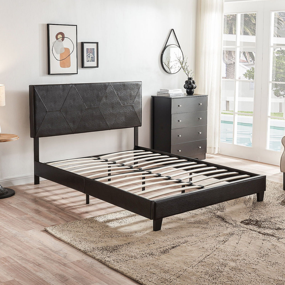 Queen Size Upholstered Platform Bed Frame, Wood Slat Support - Black by Couch.com