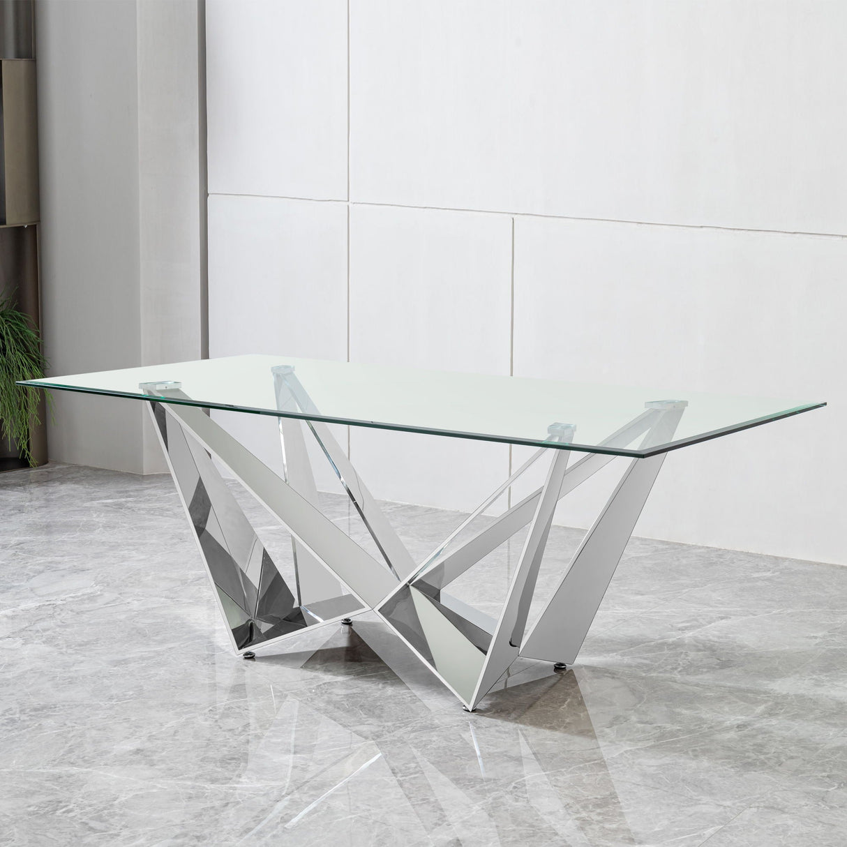 Clear Glass With Polished Stainless Steel Base Dining Table - Silver by Couch.com