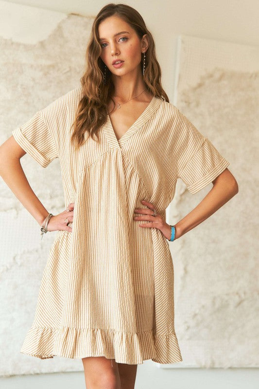Ruffled Hem Striped V-Neck Babydoll Dress For Women – Playful, Chic, Versatile, Perfect for Casual to Semi-Formal Occasions