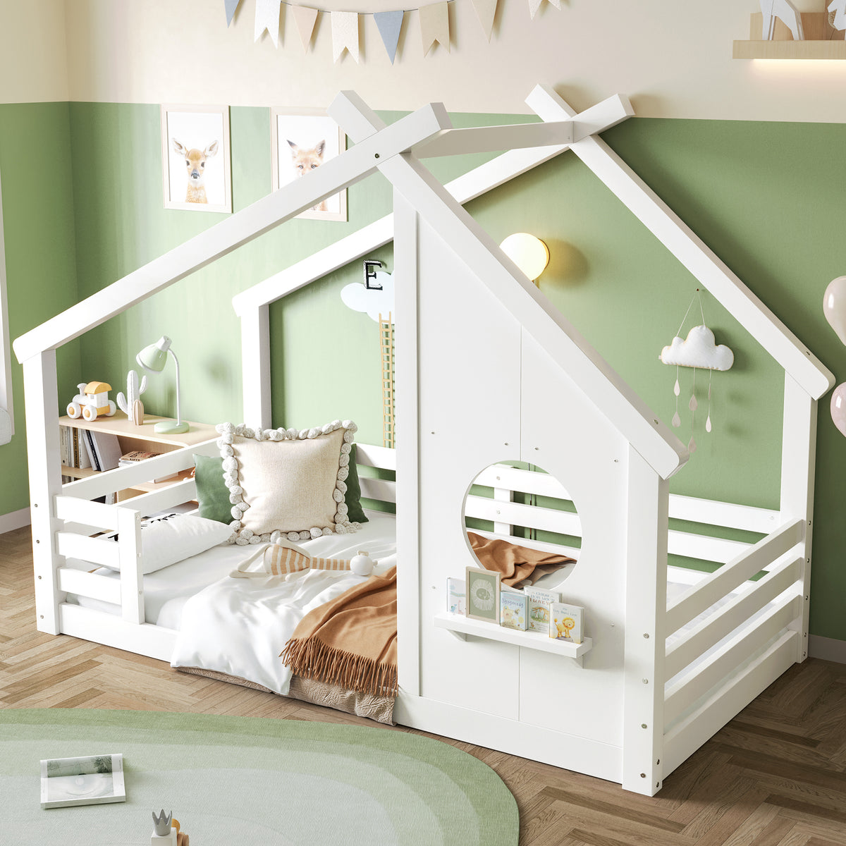 Twin House Floor Bed with Window and a Small Shelf, Solid Wood Floor Bed with House-Style Roof, No Box Spring Needed, White