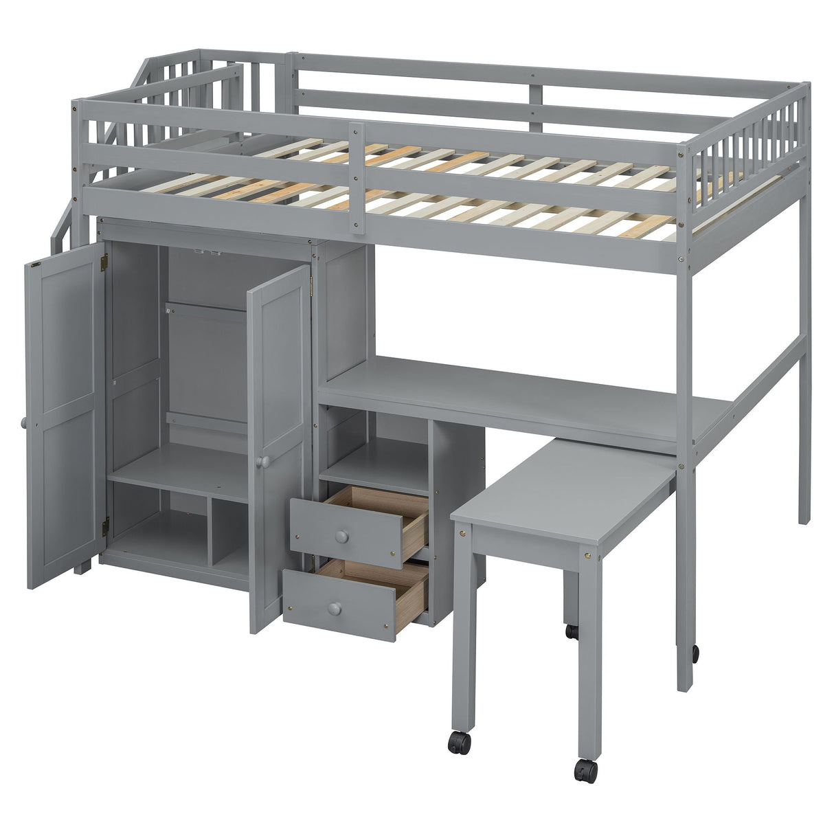 Loft Bed With Stairs, Bookshelf, Drawers, Desk & Wardrobe, Space Saving Multifunctional Furniture by Couch.com