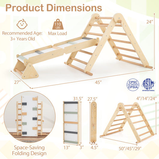 3-in-1 Pikler Triangle Climbing Set Kids Foldable Montessori Toys with Ramp-Natural