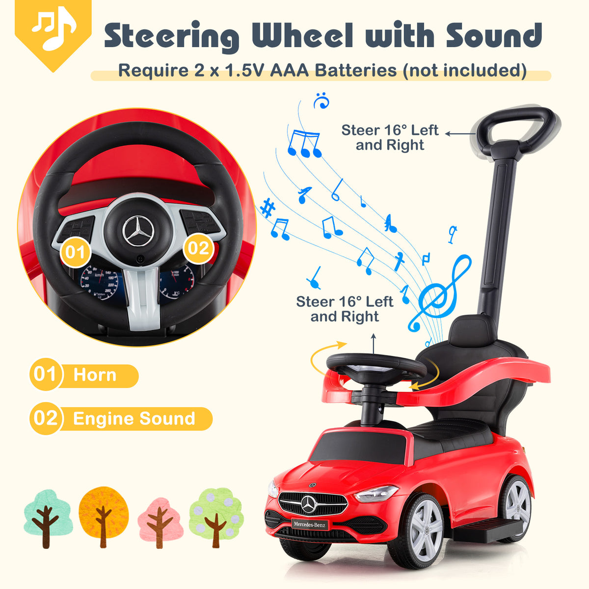 3-in-1 Ride on Push Car Mercedes-Benz Licensed Sliding Car with Canopy-Red