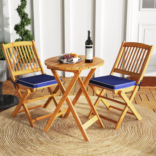 3 Pieces Acacia Wood Patio Folding Bistro Set with Soft Cushions-Navy