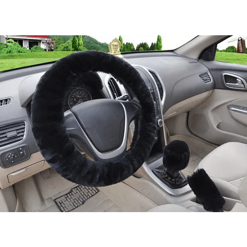3Pcs Set Winter Fashion Wool Fur Soft Furry Car Steering Wheel Covers 16 Colors Winter Universal Hand Brake Gear Cover Car Accessories