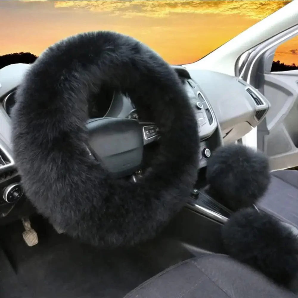 3Pcs Set Winter Fashion Wool Fur Soft Furry Car Steering Wheel Covers 16 Colors Winter Universal Hand Brake Gear Cover Car Accessories