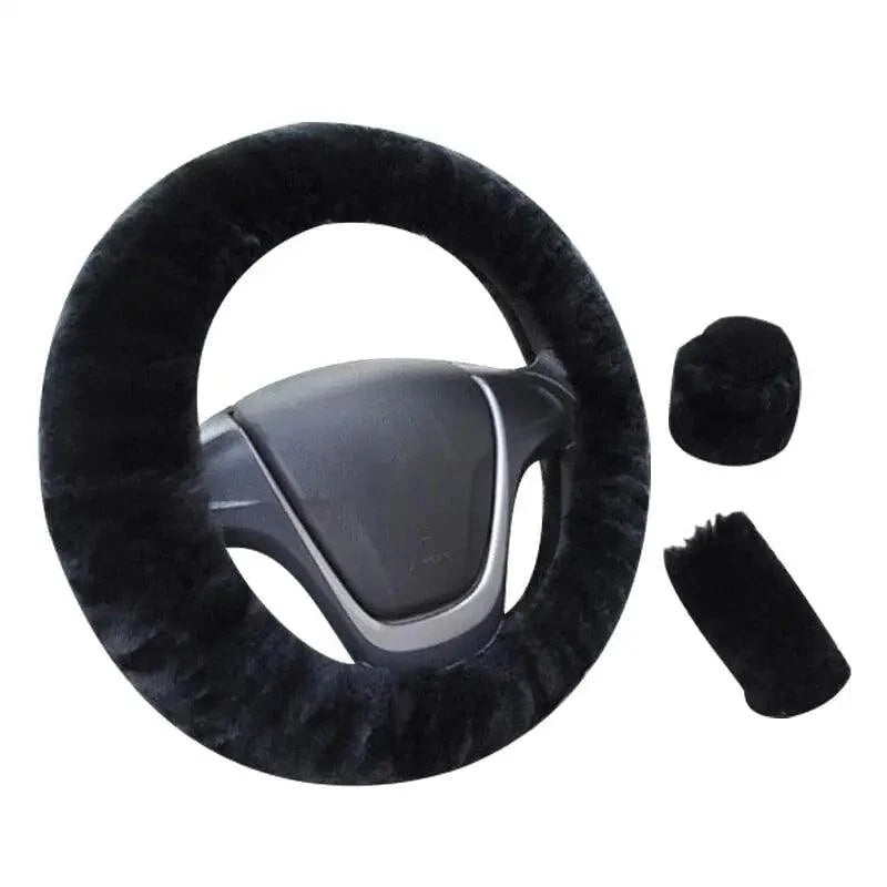 3Pcs Set Winter Fashion Wool Fur Soft Furry Car Steering Wheel Covers 16 Colors Winter Universal Hand Brake Gear Cover Car Accessories