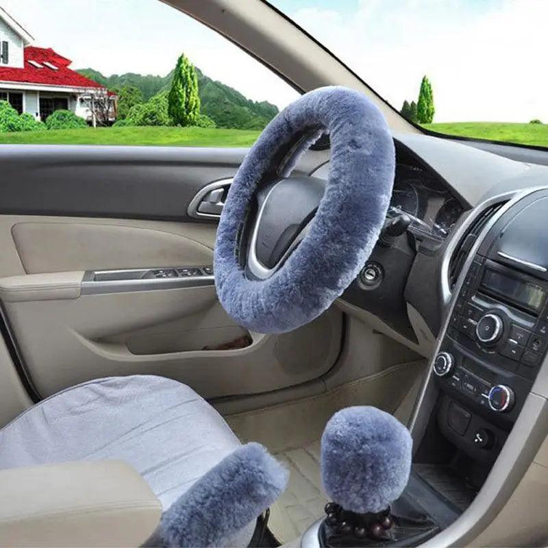 3Pcs Set Winter Fashion Wool Fur Soft Furry Car Steering Wheel Covers 16 Colors Winter Universal Hand Brake Gear Cover Car Accessories