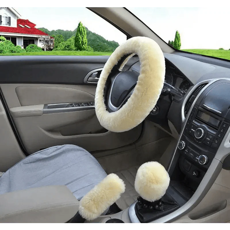 3Pcs Set Winter Fashion Wool Fur Soft Furry Car Steering Wheel Covers 16 Colors Winter Universal Hand Brake Gear Cover Car Accessories