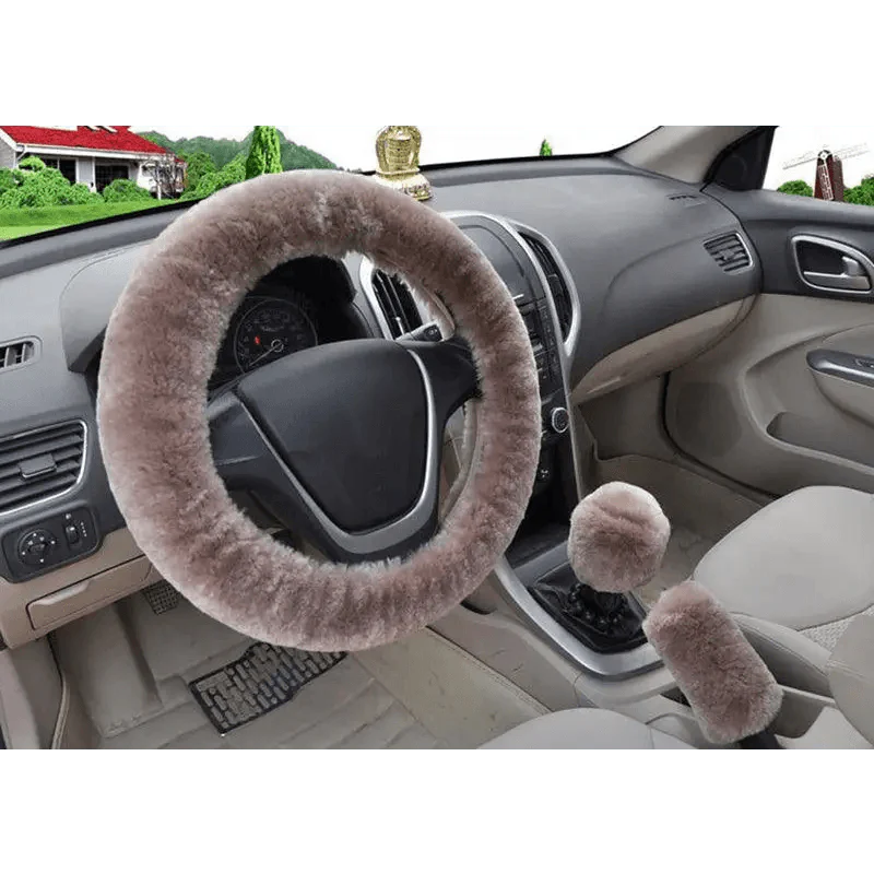 3Pcs Set Winter Fashion Wool Fur Soft Furry Car Steering Wheel Covers 16 Colors Winter Universal Hand Brake Gear Cover Car Accessories