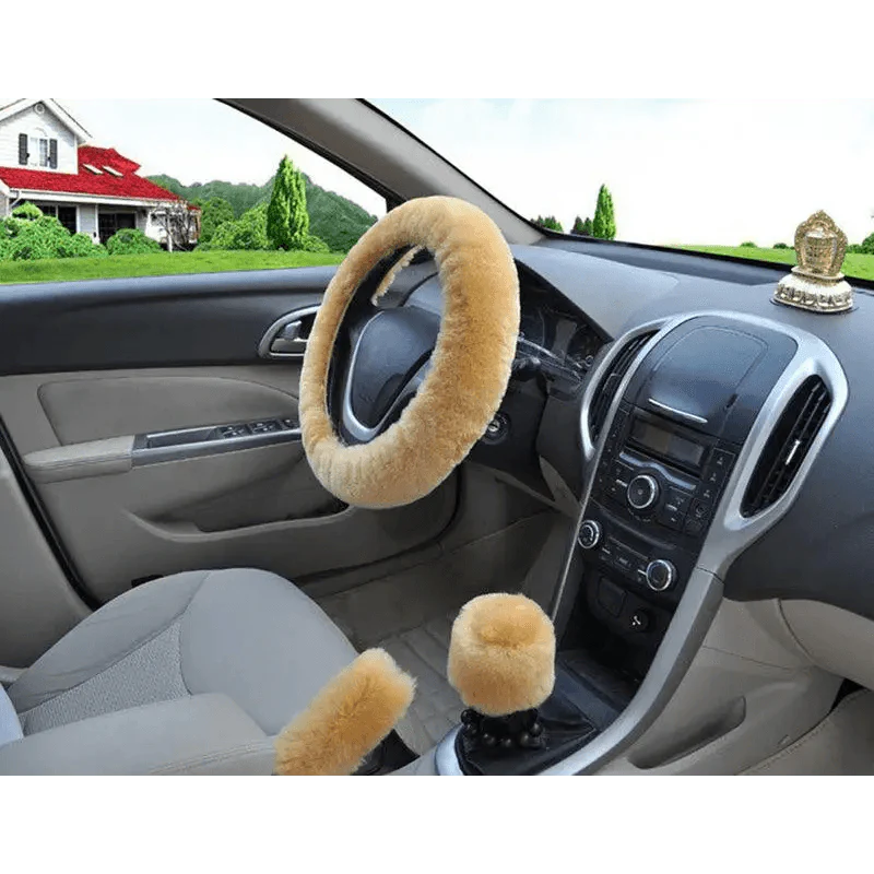 3Pcs Set Winter Fashion Wool Fur Soft Furry Car Steering Wheel Covers 16 Colors Winter Universal Hand Brake Gear Cover Car Accessories