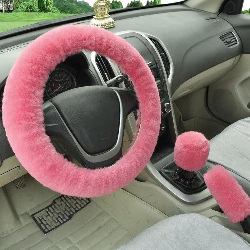 3Pcs Set Winter Fashion Wool Fur Soft Furry Car Steering Wheel Covers 16 Colors Winter Universal Hand Brake Gear Cover Car Accessories
