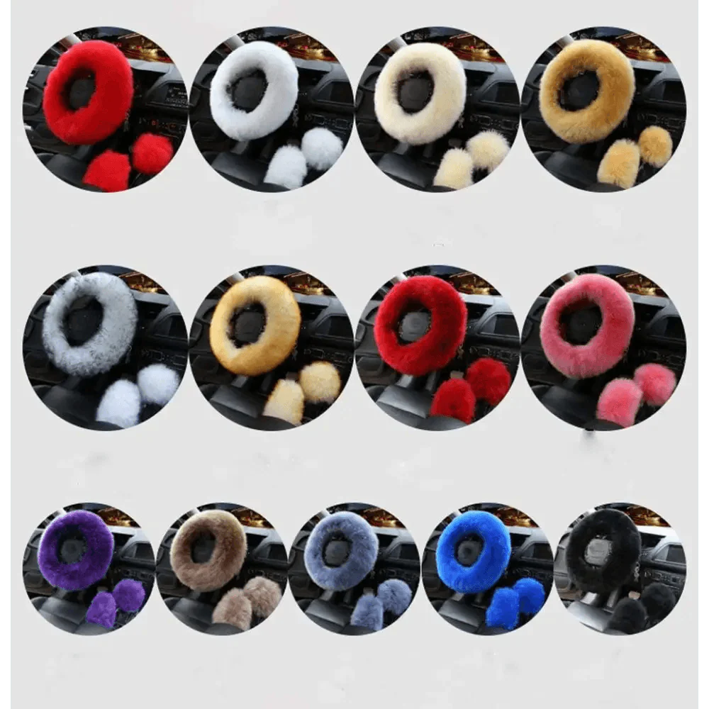 3Pcs Set Winter Fashion Wool Fur Soft Furry Car Steering Wheel Covers 16 Colors Winter Universal Hand Brake Gear Cover Car Accessories