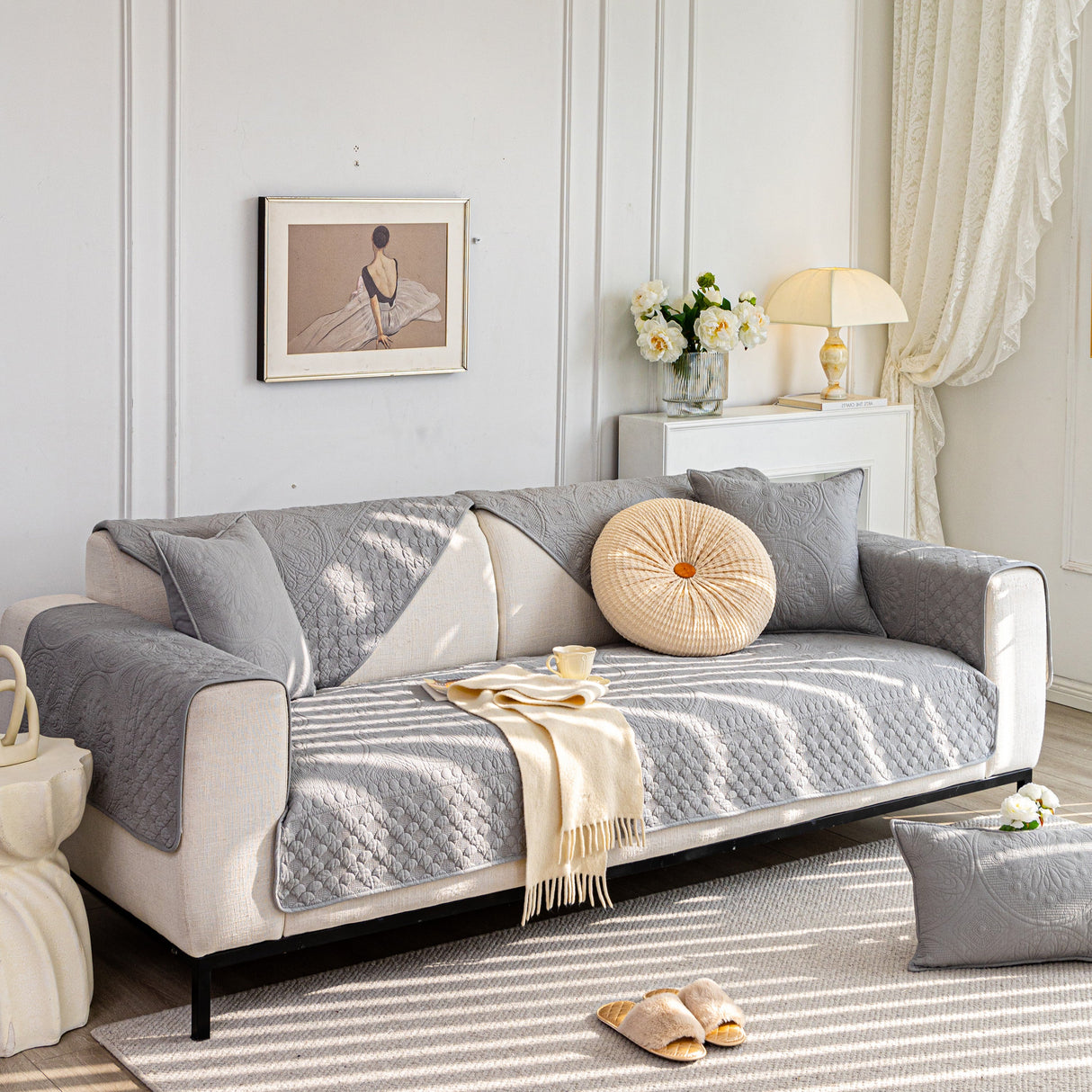 Cotton Quilted Sofa Cover, Non-Slip Couch Protector Fits Backrest, Seat & Armrest