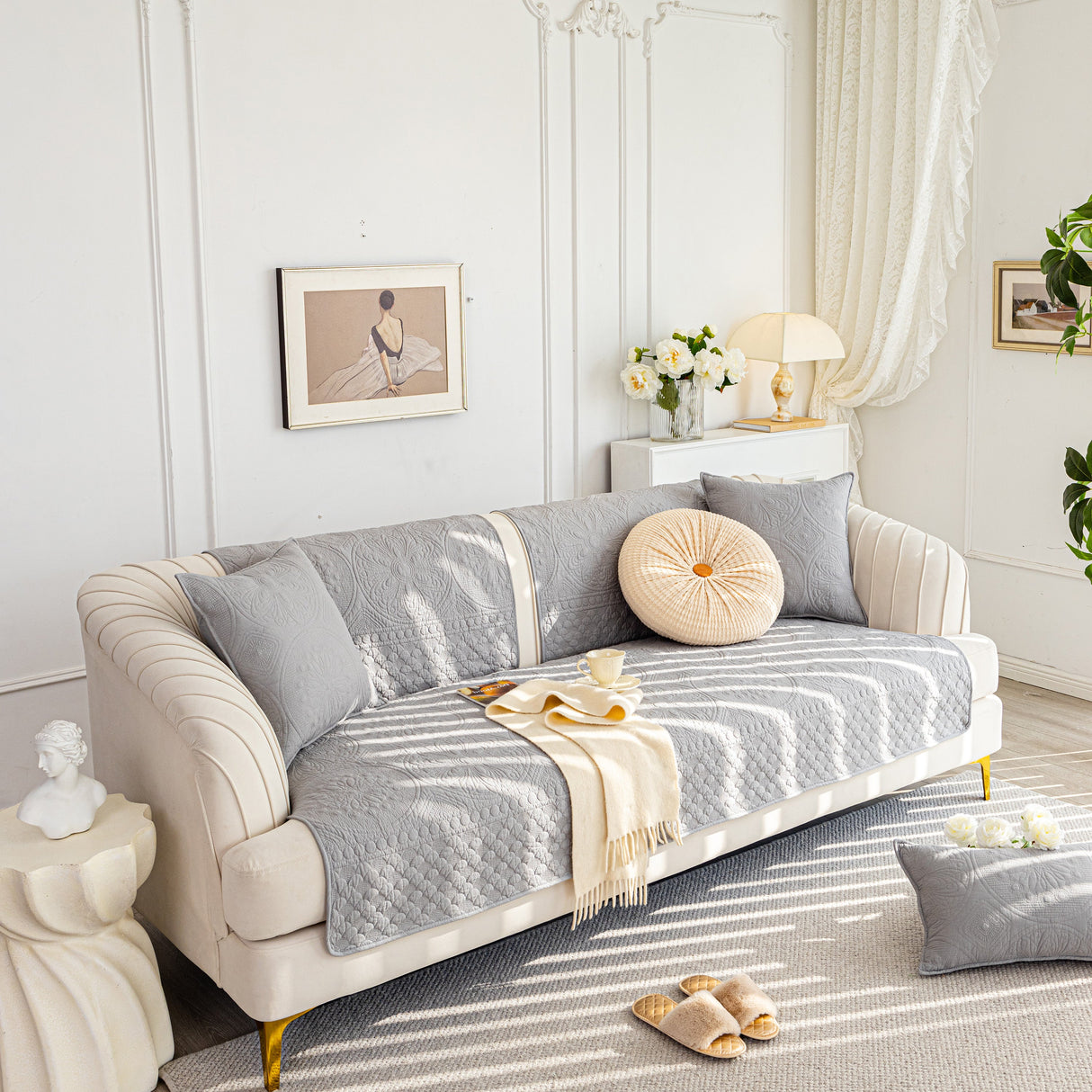 Cotton Quilted Sofa Cover, Non-Slip Couch Protector Fits Backrest, Seat & Armrest