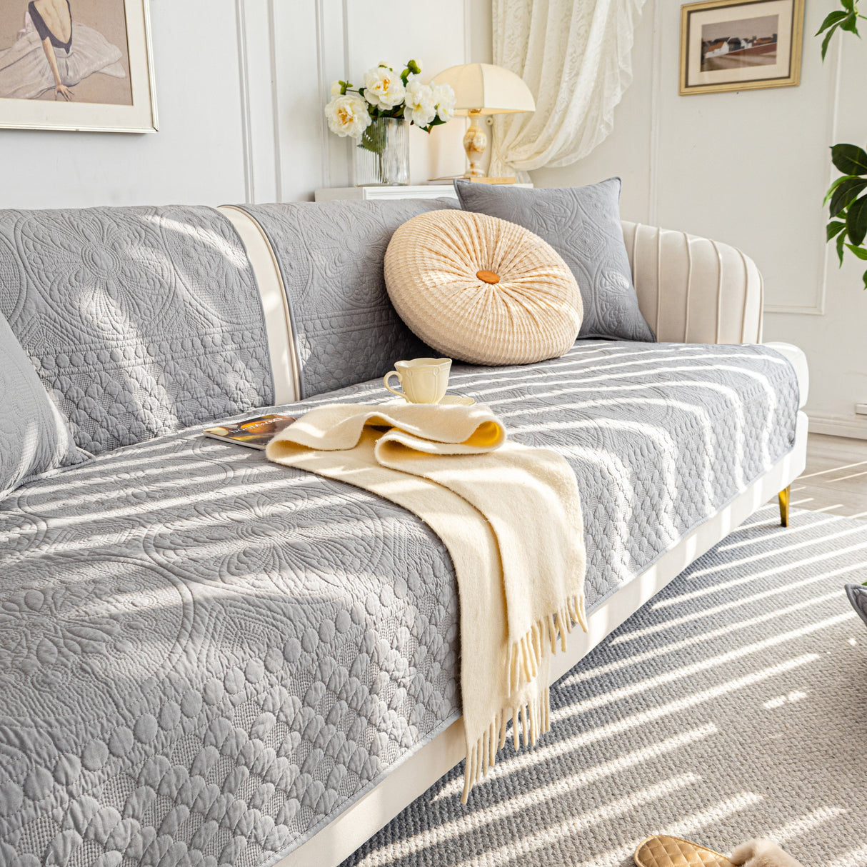 Cotton Quilted Sofa Cover, Non-Slip Couch Protector Fits Backrest, Seat & Armrest