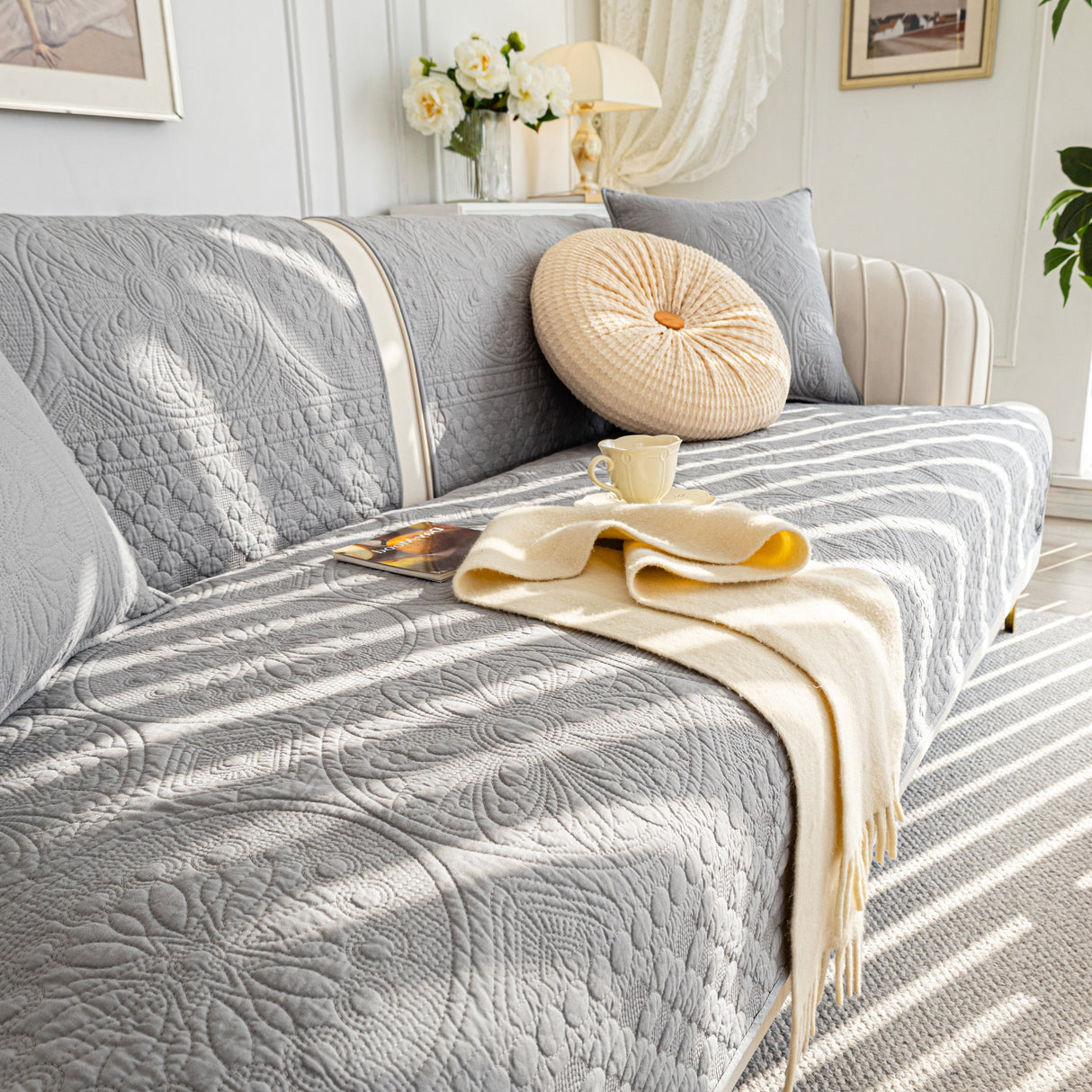Cotton Quilted Sofa Cover, Non-Slip Couch Protector Fits Backrest, Seat & Armrest