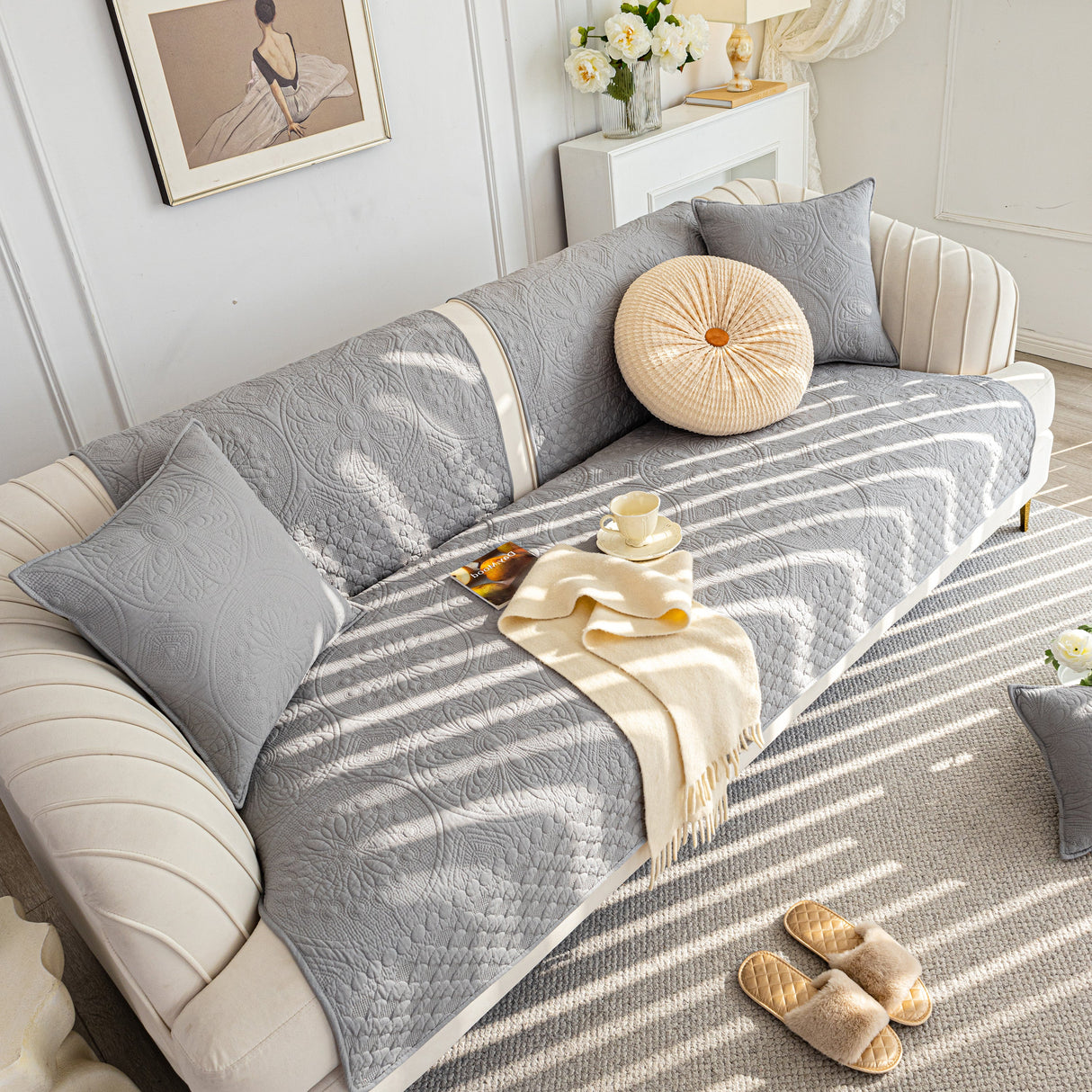 Cotton Quilted Sofa Cover, Non-Slip Couch Protector Fits Backrest, Seat & Armrest