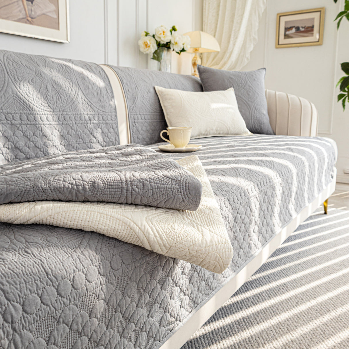 Cotton Quilted Sofa Cover, Non-Slip Couch Protector Fits Backrest, Seat & Armrest