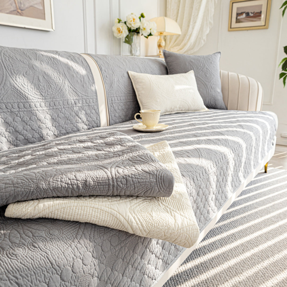 Cotton Quilted Sofa Cover, Non-Slip Couch Protector Fits Backrest, Seat & Armrest